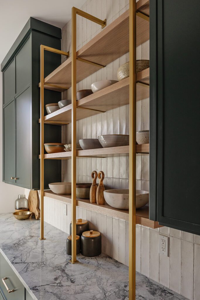 Organized butler’s pantry with prep space and open storage in Alpine Utah custom studio build