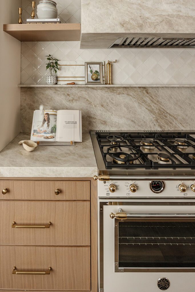Stunning kitchen workspace with natural wood tones and stone countertops in a content creator studio.
