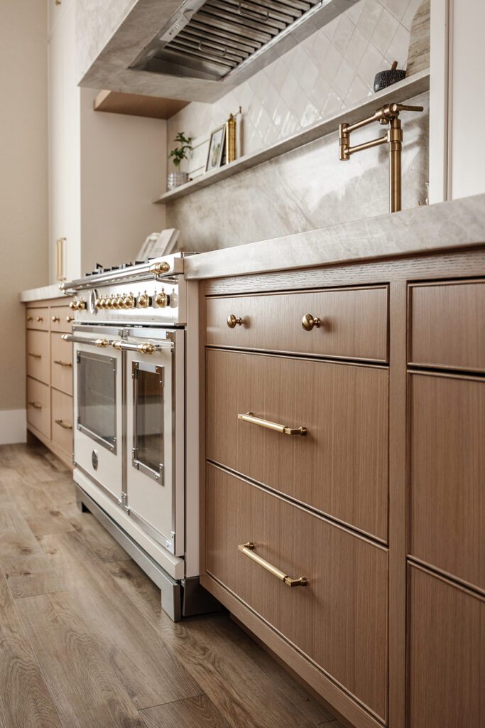 Stunning kitchen workspace with natural wood tones and stone countertops in a content creator studio.