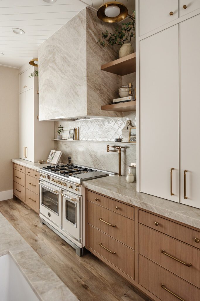 Stunning kitchen workspace with natural wood tones and stone countertops in a content creator studio.